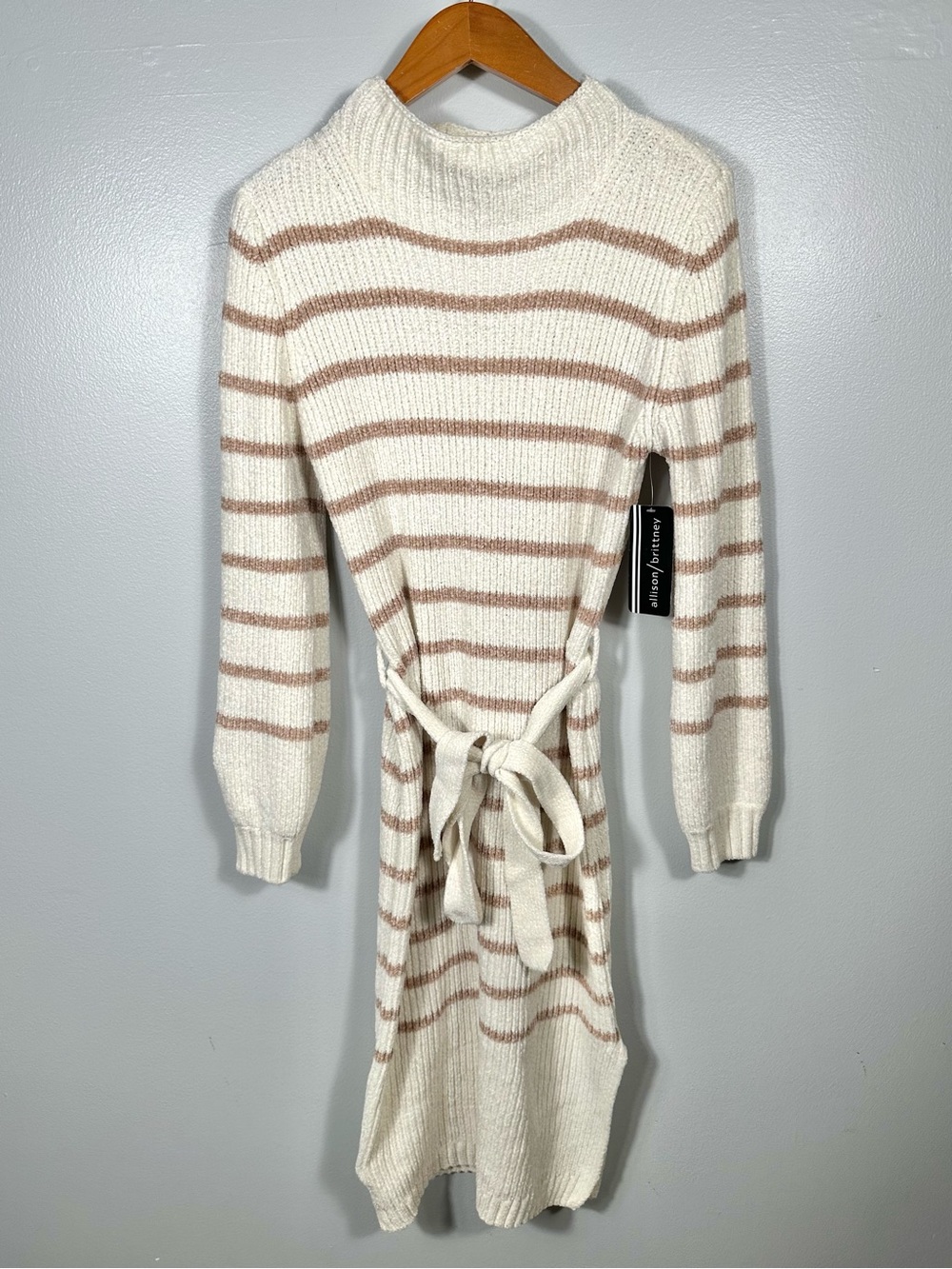 Allison Brittney Striped Belted Sweater Dress NWT Size Medium Cream Tan Cozy